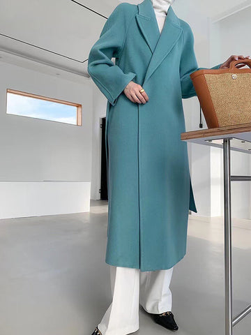 Airchics manteau en laine longue avec poches ceinture femme élégant bleu